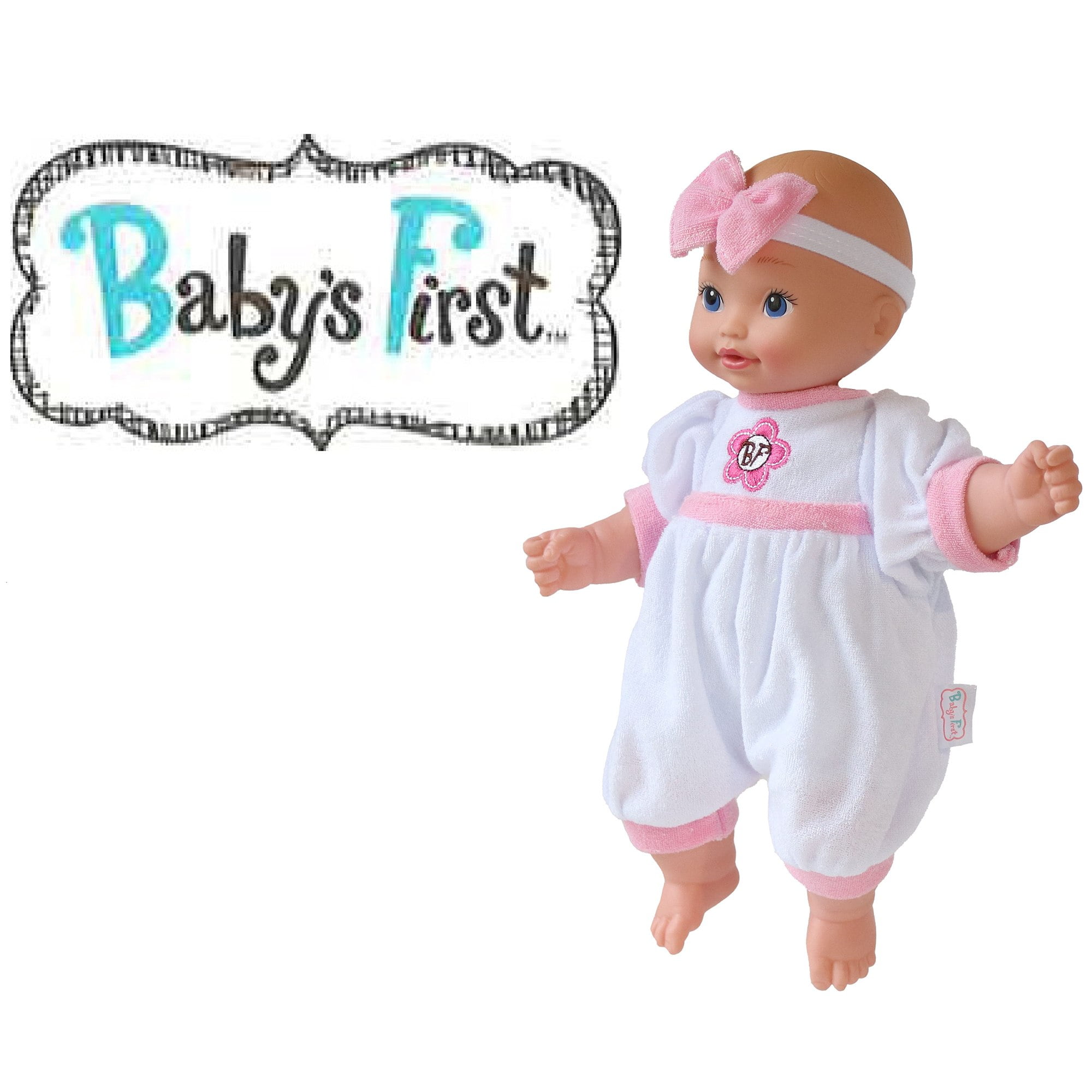 Goldberger Baby's First 13" Bundle of Joy Caucasian Baby Doll - White Terry Cloth Jumper Outfit with Matching Headband