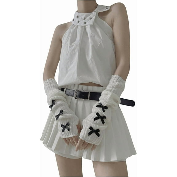 YooGuoGuo Women's Knitted Fingerless Arm Warmers Bow Long Gloves with Thumb Hole