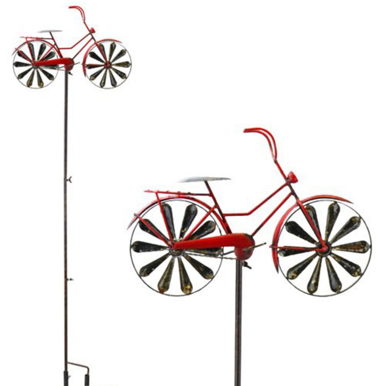 RED BICYCLE METAL WIND SPINNER WITH SOLAR LED LIGHT OUTDOOR GARDEN 42" H 