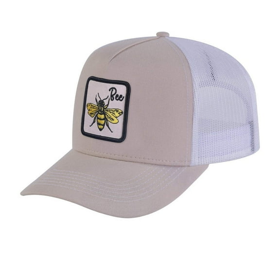 Unisex Embroidered The Bee, 5-Panel Trucker Hat, Beige/White, Adjustable Fit
