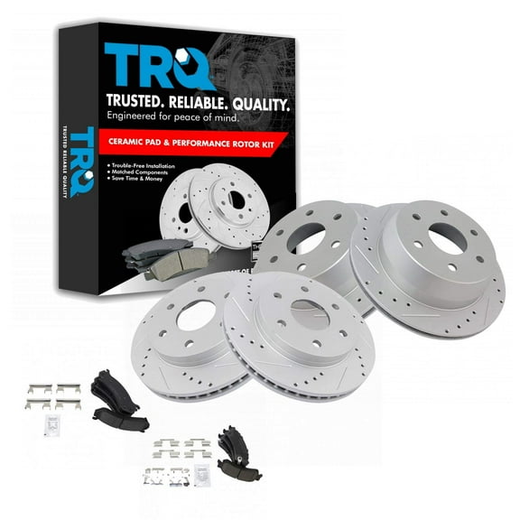 TRQ Performance Drilled Slotted Rotor & Posi Ceramic Brake Pad Front & Rear