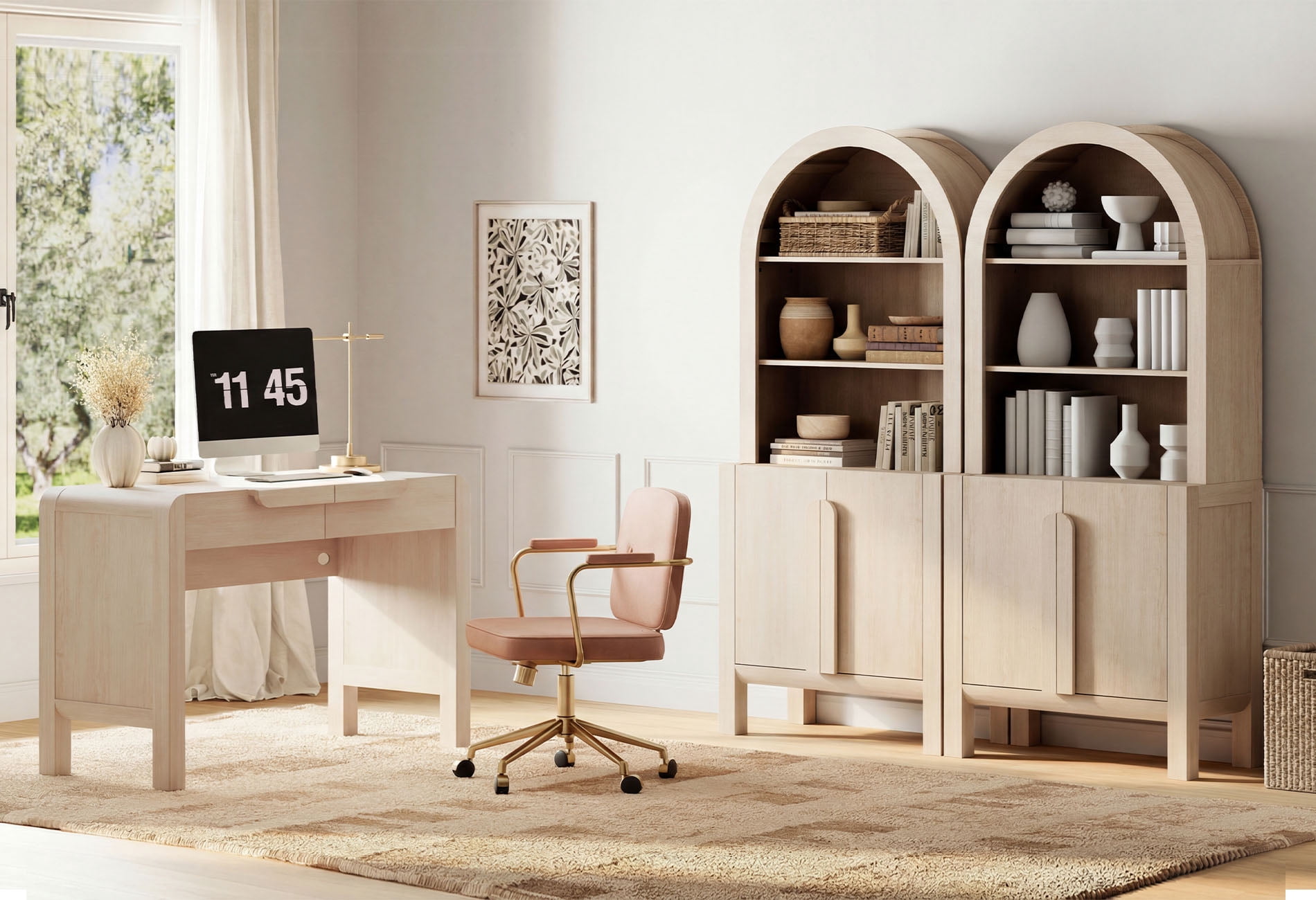 Home Office Set, 47" Modern Executive Desk with Charging Station and Drawers & 2 Piece 71"H Tall 5-Tier Arched Bookcases with Storage Cabinet for Living Room, Bedroom, Home Office