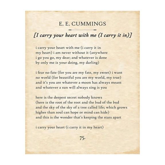 E E Cummings - I Carry Your Heart - Great Home and Room Decorations poster Classic Poster Poetry  Inspirational Love Gift for Wedding and Anniversary Poster