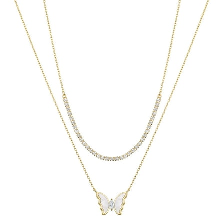 Believe by Brilliance Women's 14Kt Gold Flash Plated Mother or Pearl Butterfly and Cubic Zirconia Tennis Necklace Set, 16 2" & 18 2" Extender