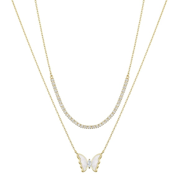 Believe by Brilliance Women's 14Kt Gold Flash Plated Mother or Pearl Butterfly and Cubic Zirconia Tennis Necklace Set, 16 2" & 18 2" Extender
