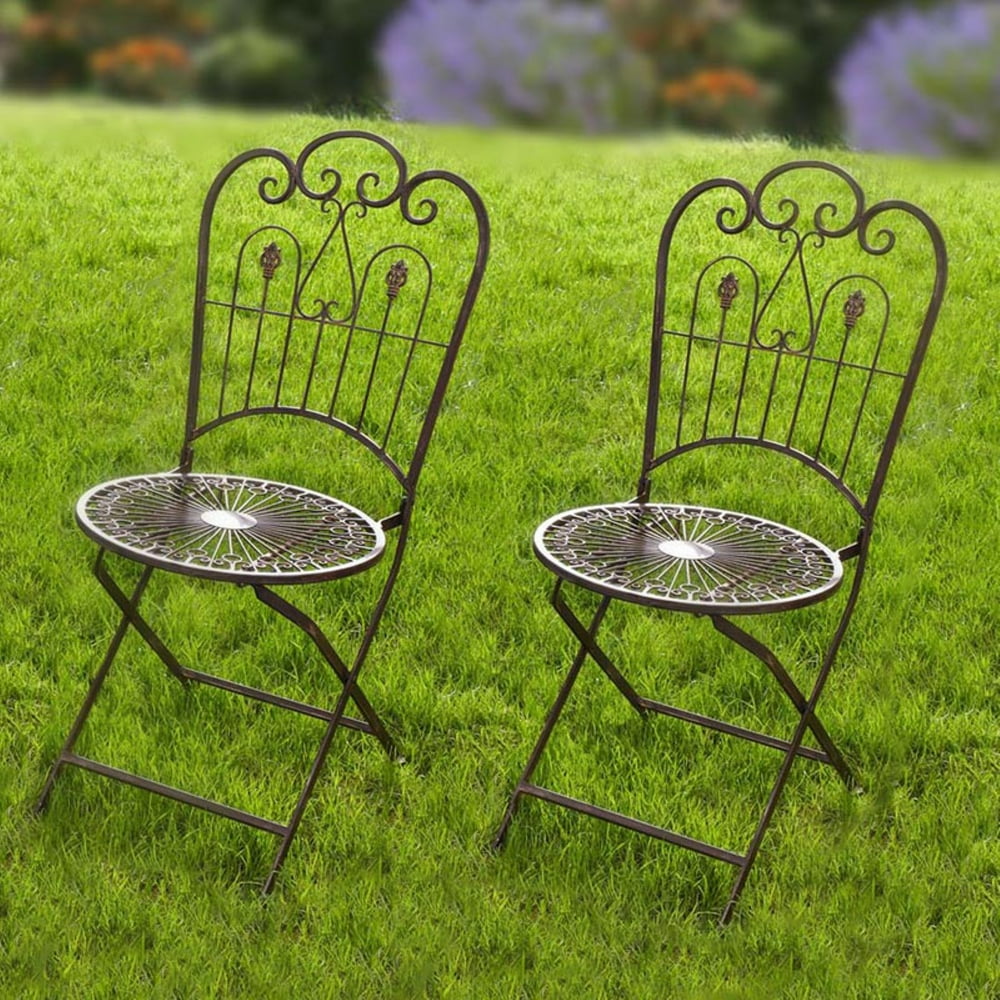 HGC Provence Metal Folding Wrought Iron Patio Bistro Chairs - Set of 2