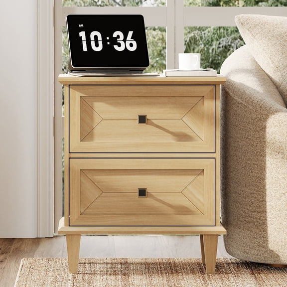 WAMPAT Farmhouse End Table with Charging Station, Rustic 2-Drawer Nightstand, Oak