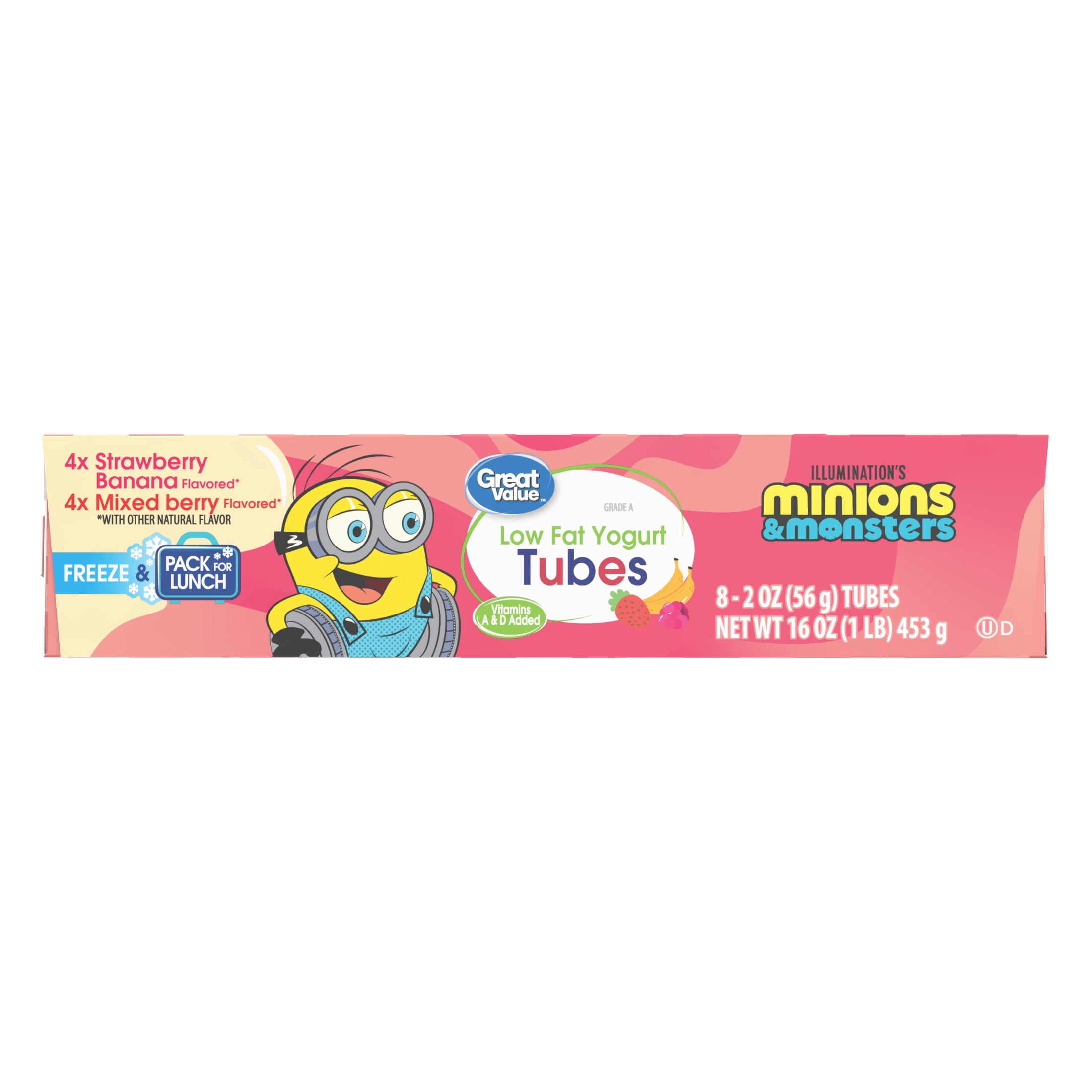 Great Value Kids Low-Fat Strawberry Banana & Mixed Berry 2 oz Yogurt Tubes, Variety Pack, 8 Count