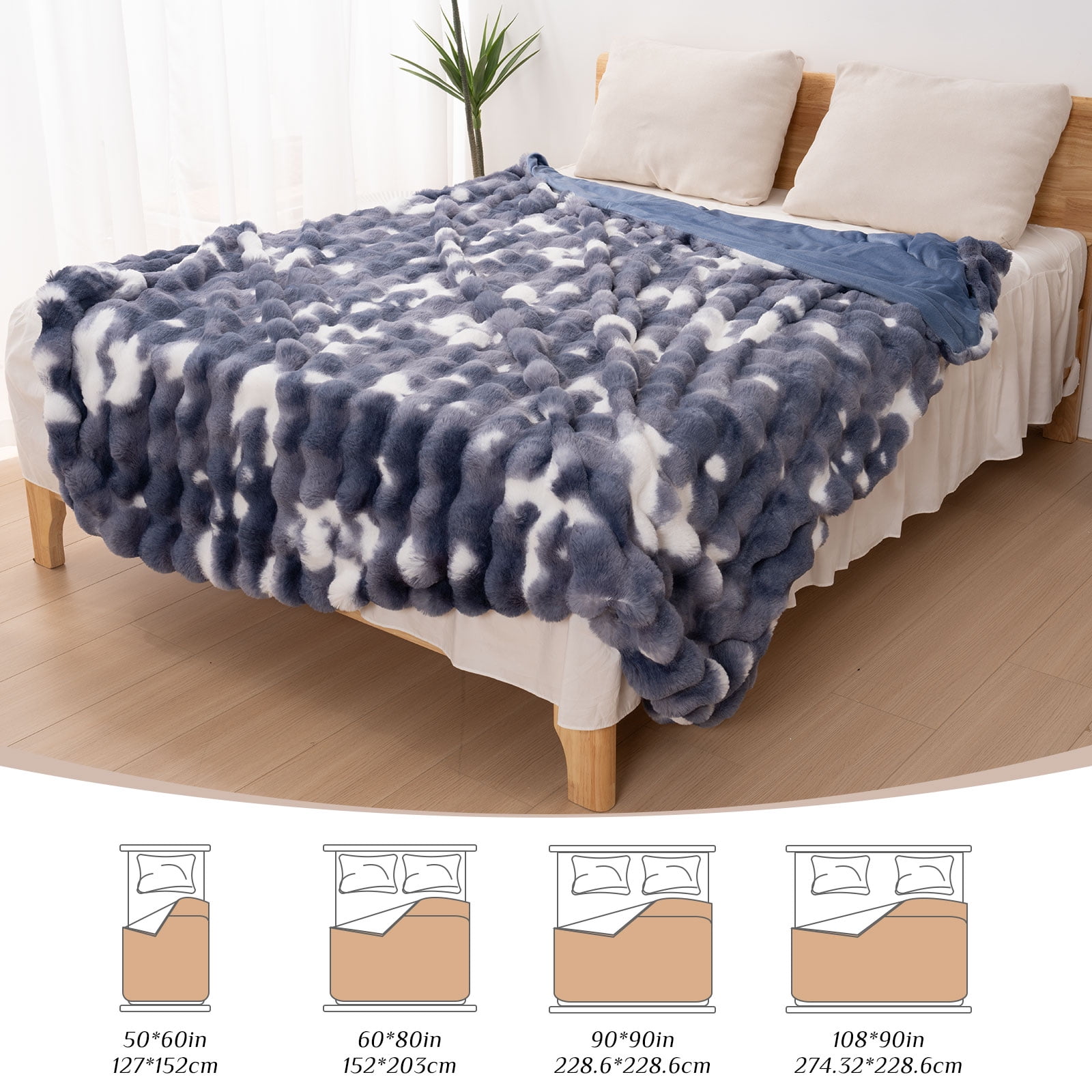 VK·LIVING Thick Ribbed Faux Rabbit Fur Cozy Reversible Throw Blanket,Super Soft 3D Striped Fuzzy Cozy Blankets,Blue,108"x 90"