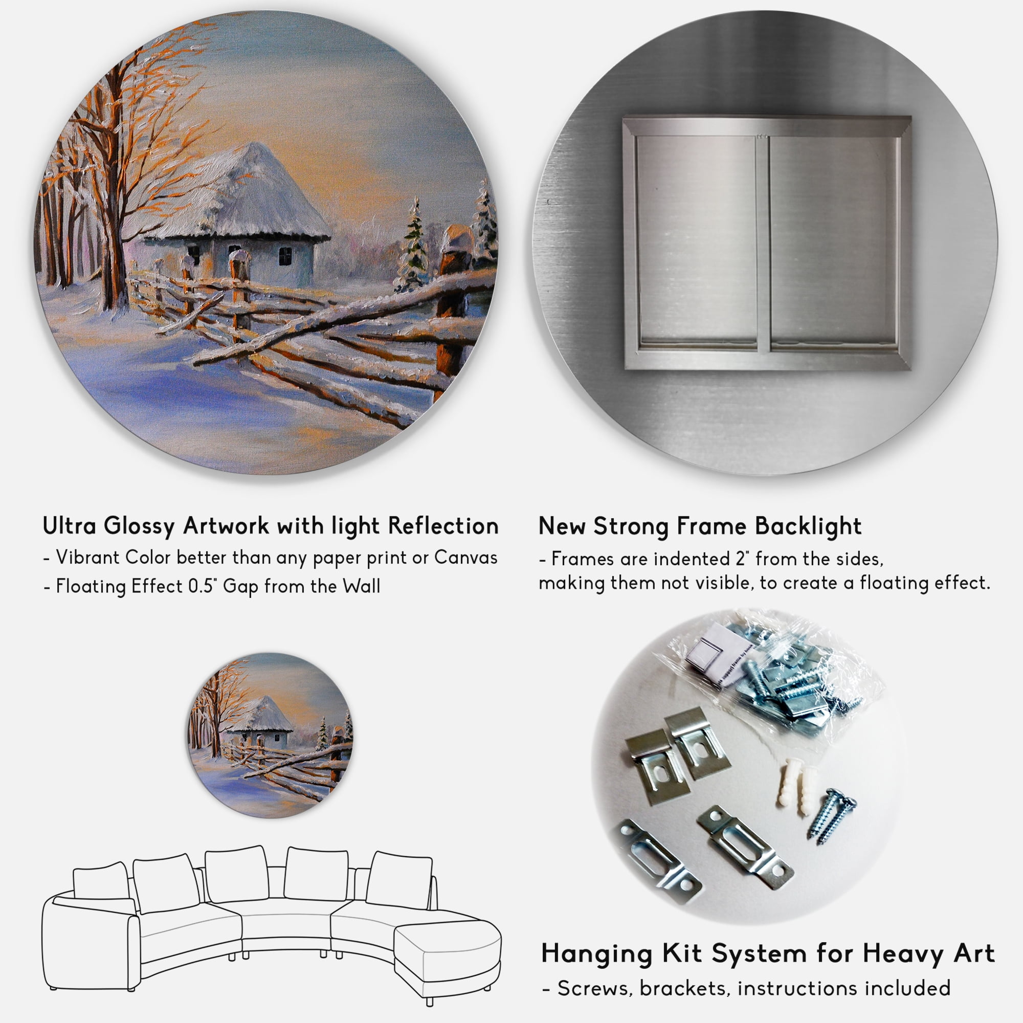 Designart 'Traditional Cottage Covered With Snow In Winter II' Traditional Circle Metal Wall Art 29x29 - Disc of 29