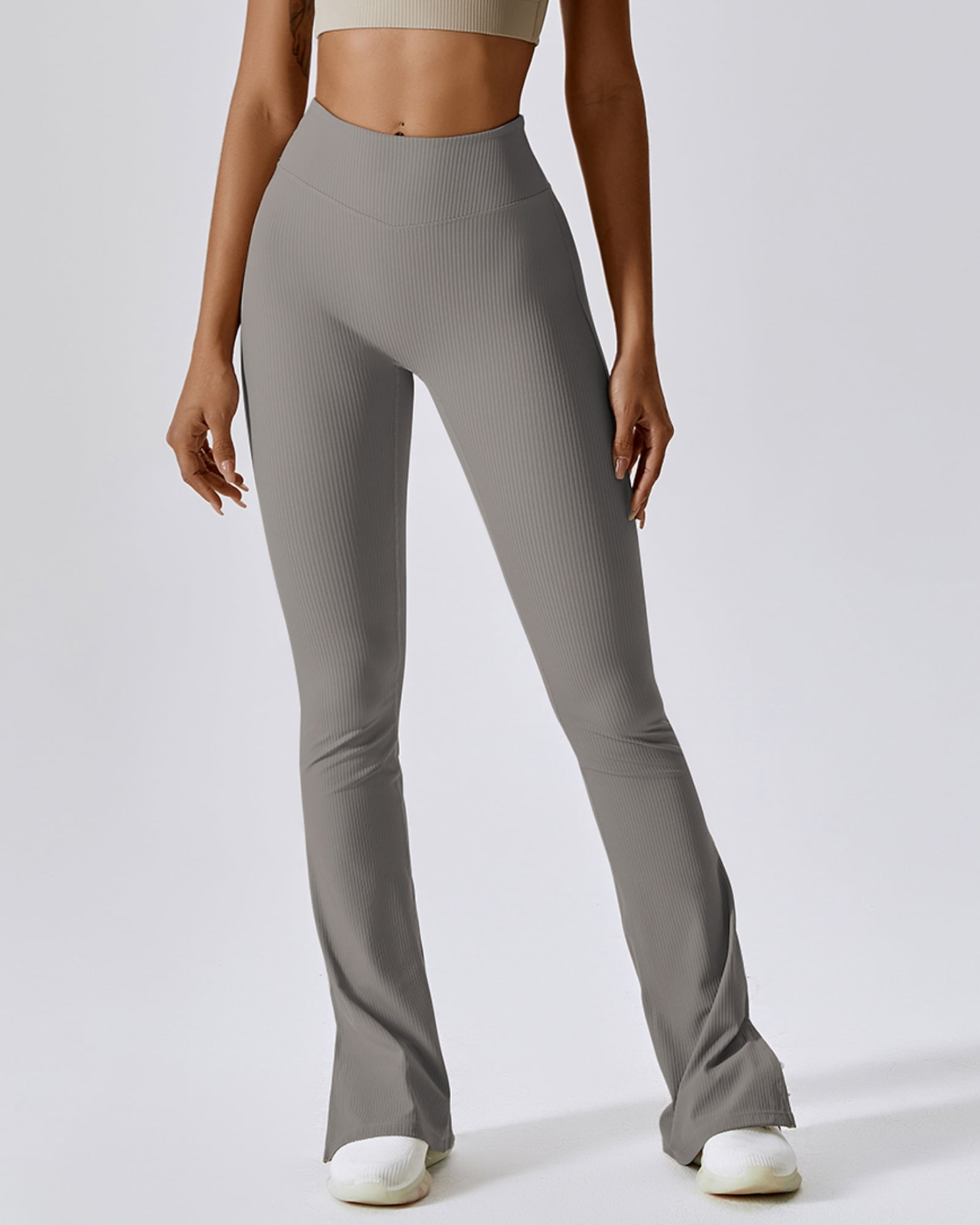 (2 pack) FITOP Womens Ribbed Flared Leggings Slit Hem High Waist Bootcut Yoga Pants Workout Bootleg Pants