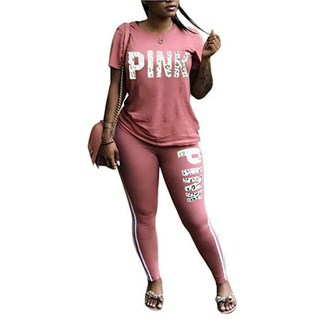 Women Pink Word Letter Print V Neck Sweatshirt Pantsuits Sweatpants Jumpsuits 2 Piece Outfits