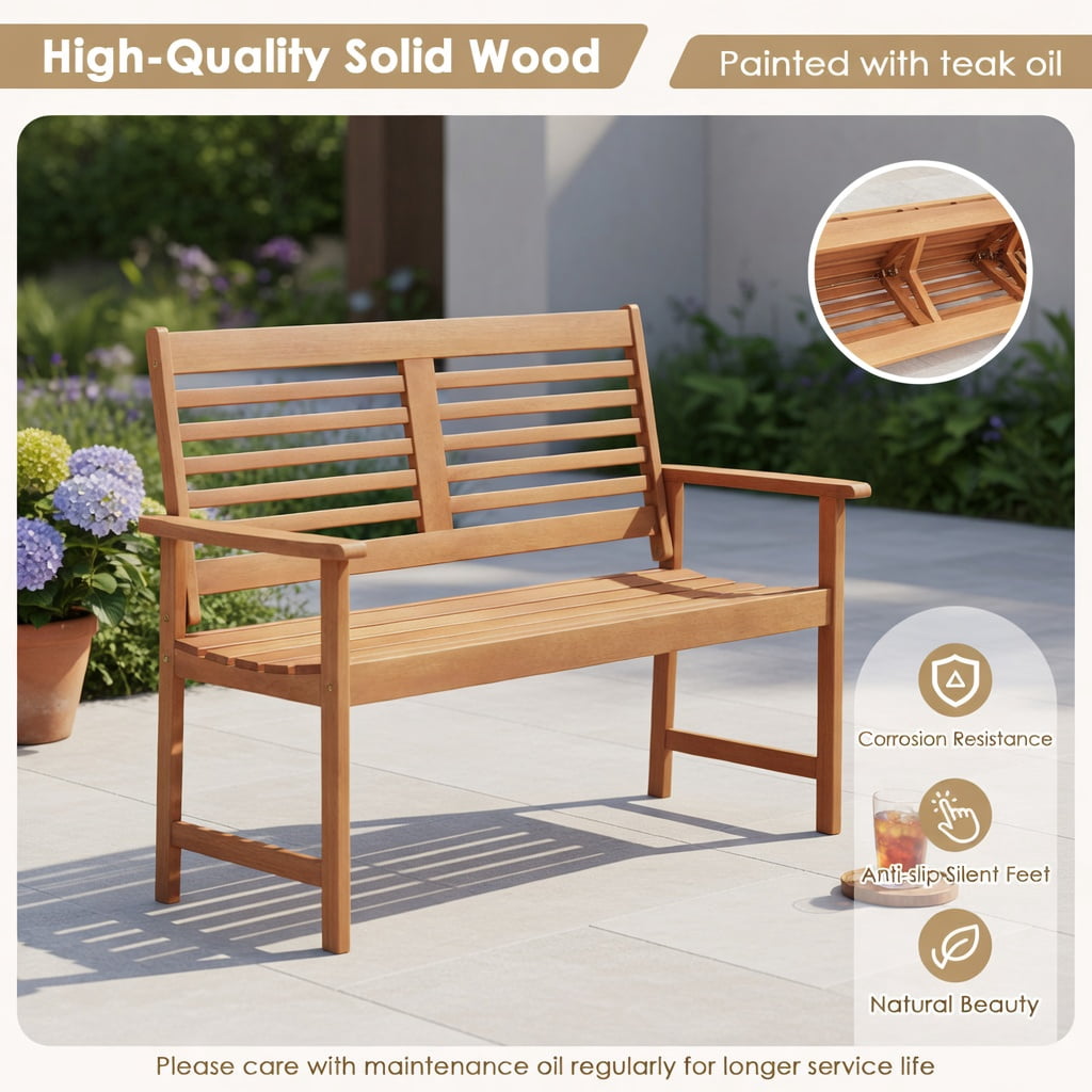 Hommoo Teak Solid Wood Outdoor Loveseat Bench, 2-Seat Patio Bench with Ergonomic Inclined Backrest, Slatted Ventilated Seat & Reinforced Crossbar Support, Natural