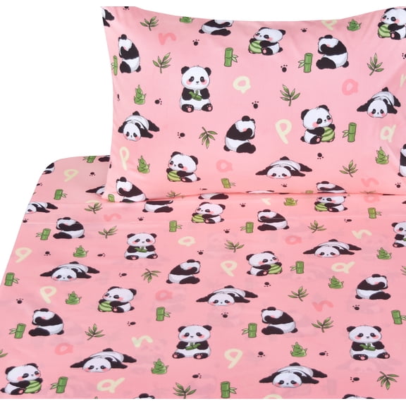J-pinno Pink Panda Bamboo Cartoon 100% Cotton 3 Pieces Twin Sheet Set for Kids Girls Boys Children Flat Sheet + Fitted Sheet + Pillowcase Bedding Decoration Gift Set