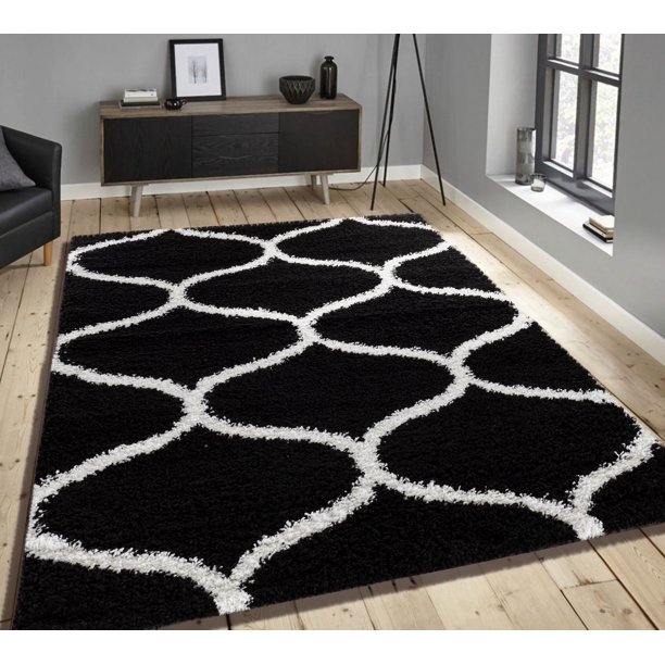 Supreme Shag Collection Soft Black, White, Moroccan Trellis Shaggy