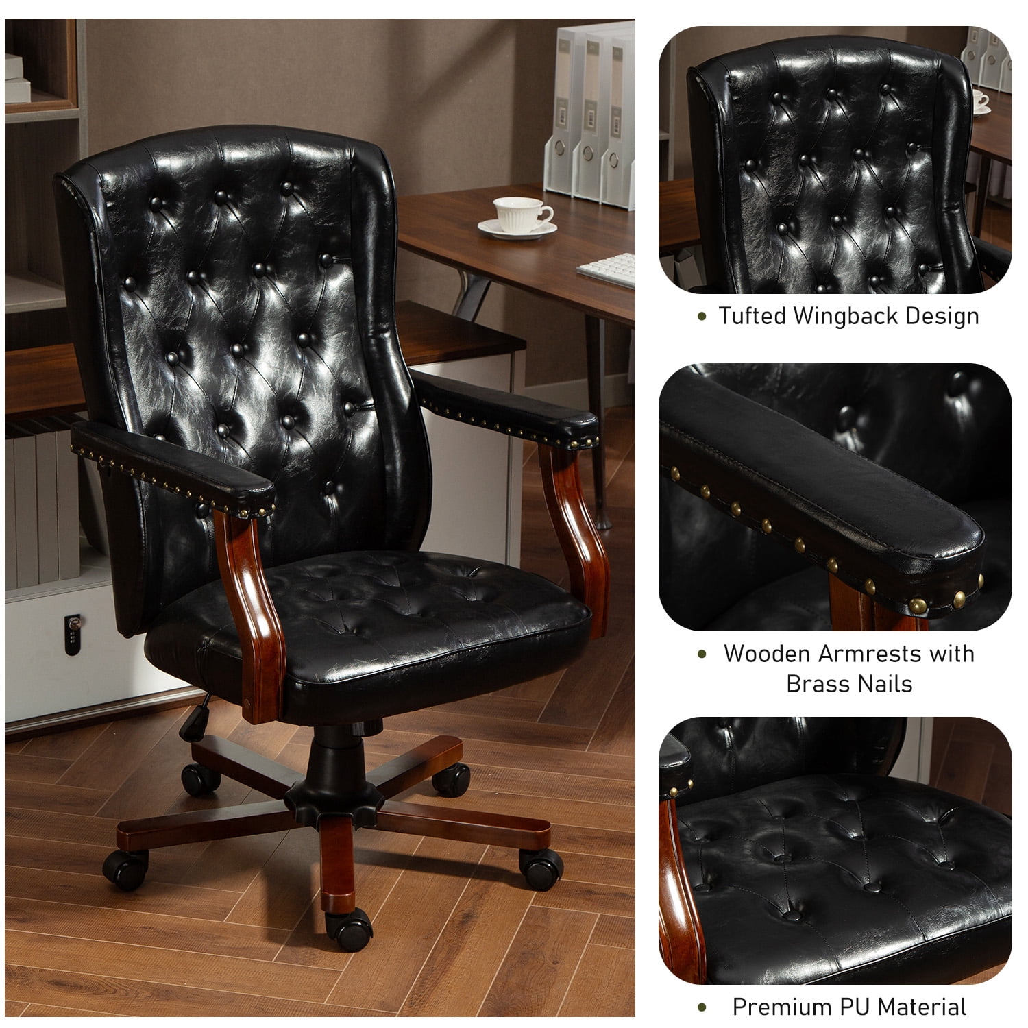 Homhum Ergonomic Executive Office Chair, Tufted Faux Leather Swivel Home Office Desk Chair, Black