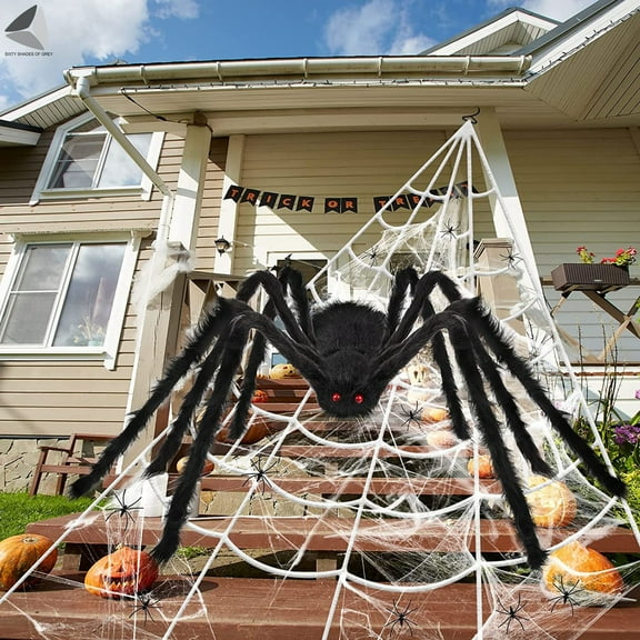 PULLIMORE Outdoor Halloween Decorations Stretchable Triangular Huge Spider Web with 5 ft Giant Spider