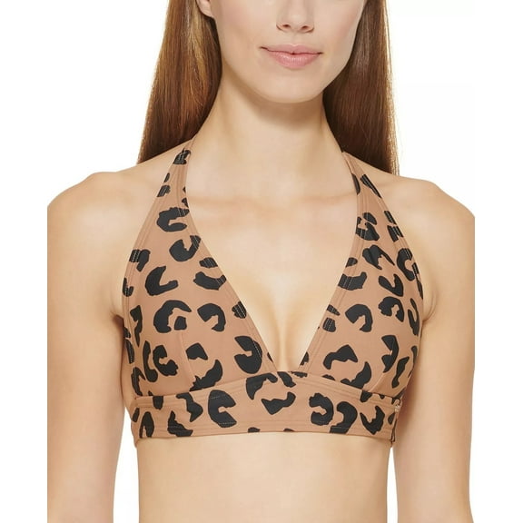 DKNY BLOCK LEOPARD MOCHA/BLACK Leopard-Print Halter Bikini Swim Top, US 2X-Large