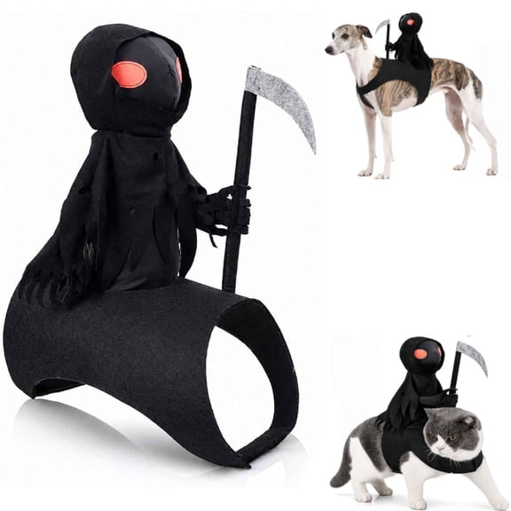Dog Halloween Grim Reaper Rider Costume, 3D Cosplay Outfit with Magic Tape, Pet Halloween Costumes for Small Medium Large Dogs and Cats, Black Dog Costume,S