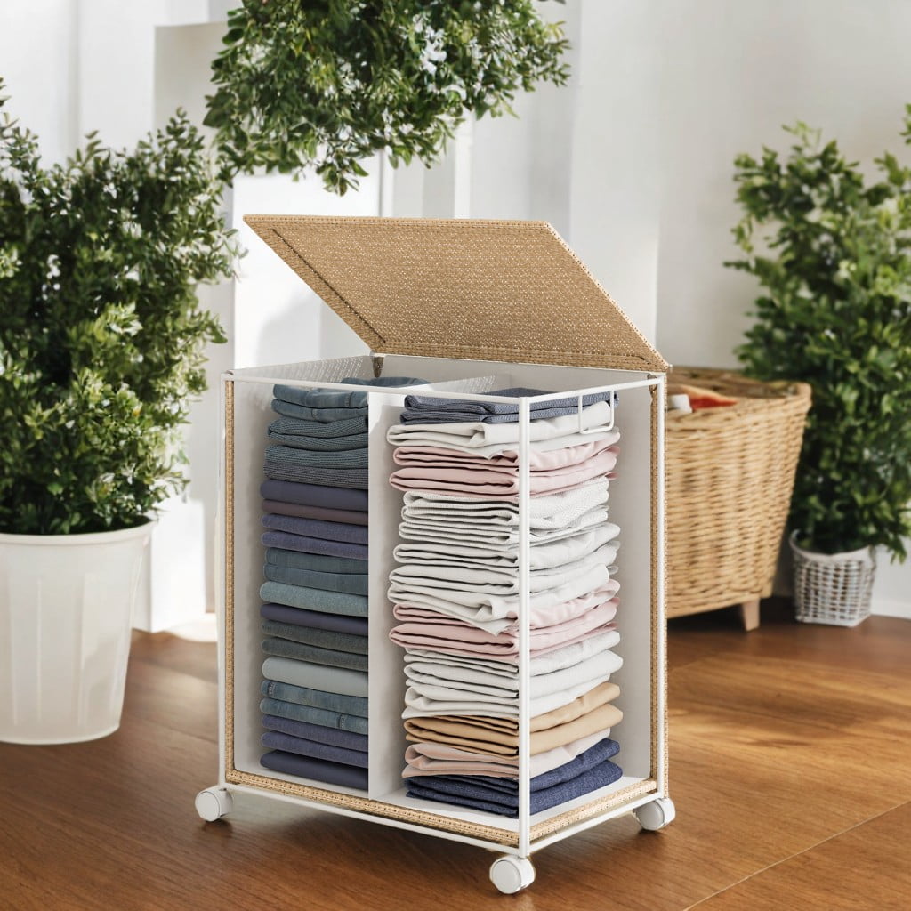 LEDREM 2-Section Rolling Laundry Hamper with Lid, 100L Capacity, Wheels & Removable Liner, Rattan Design, Natural Beige and Matte White