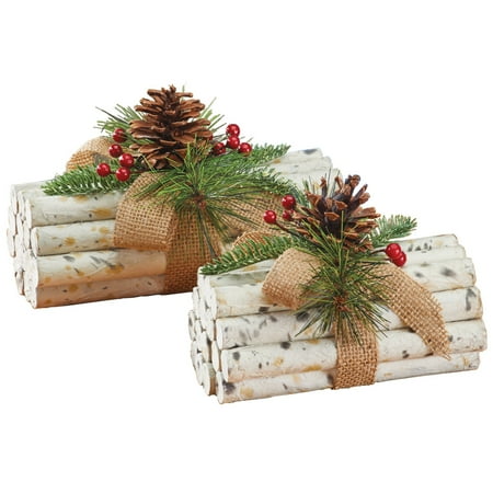 Rustic Holiday Faux Birch Logs Burlap Bow And Pinecone