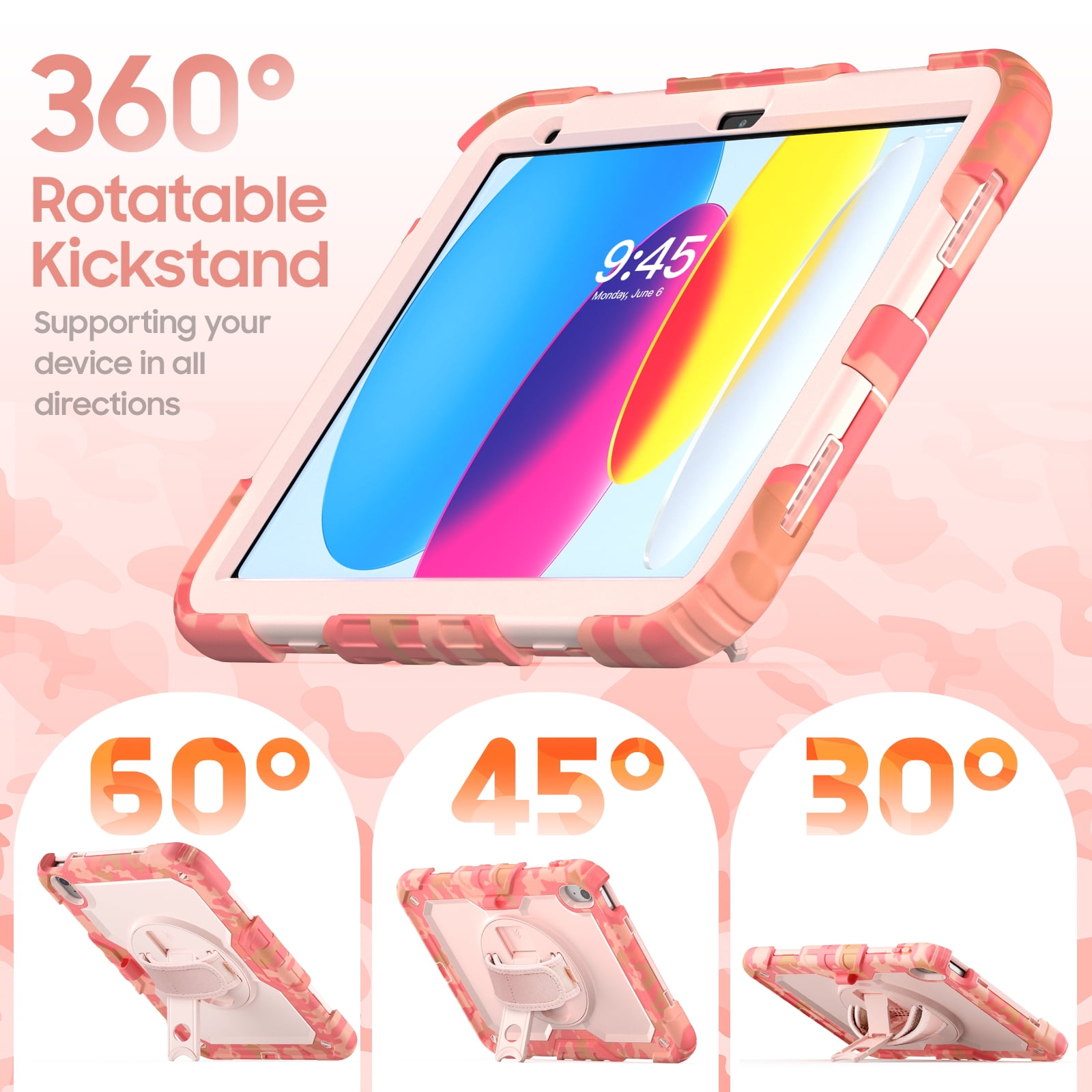 ELEHOLD Rugged Case for iPad 11th(A16) 2025/10th 2022, 360° Rotating Kickstand Hand Shoulder Strap Pencil Holder Built-in Screen Protector Full-Body Shockproof Protective Cover,Pink