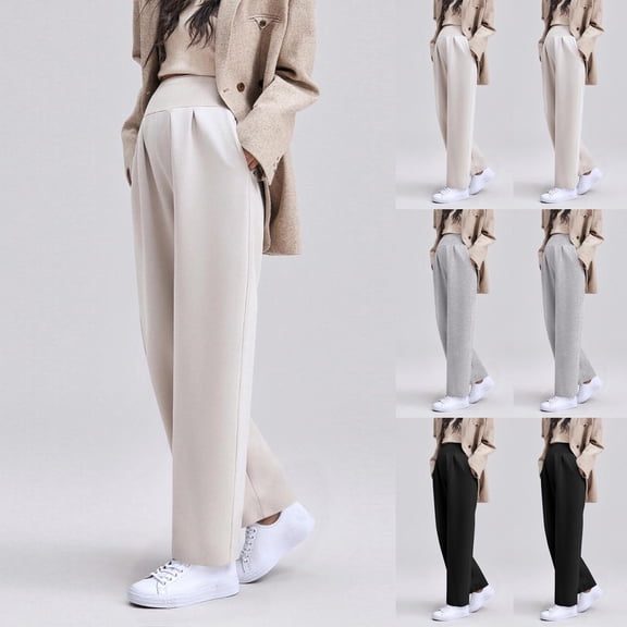 Bixock Women's Maternity Pants Elastic Waist Solid Color Over The Belly Straight Casual Wide Leg Pants with Pocket Pregnancy Clothes Pants