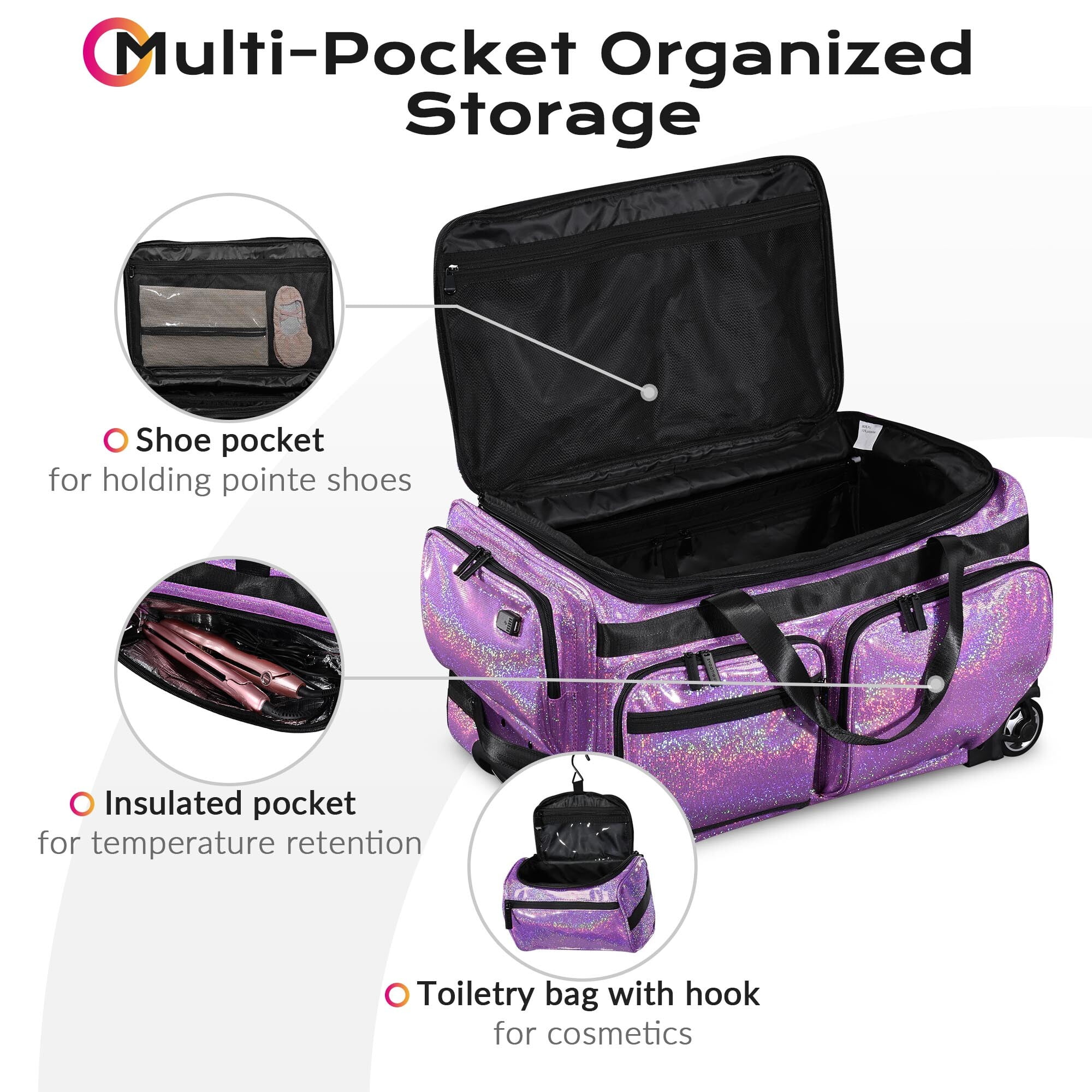 Byootique Rolling Dance Bag with Garment Rack Dream Duffel Bag Recital Bag Travel Duffle Organizer for Dance Competition Performances FA Amethyst
