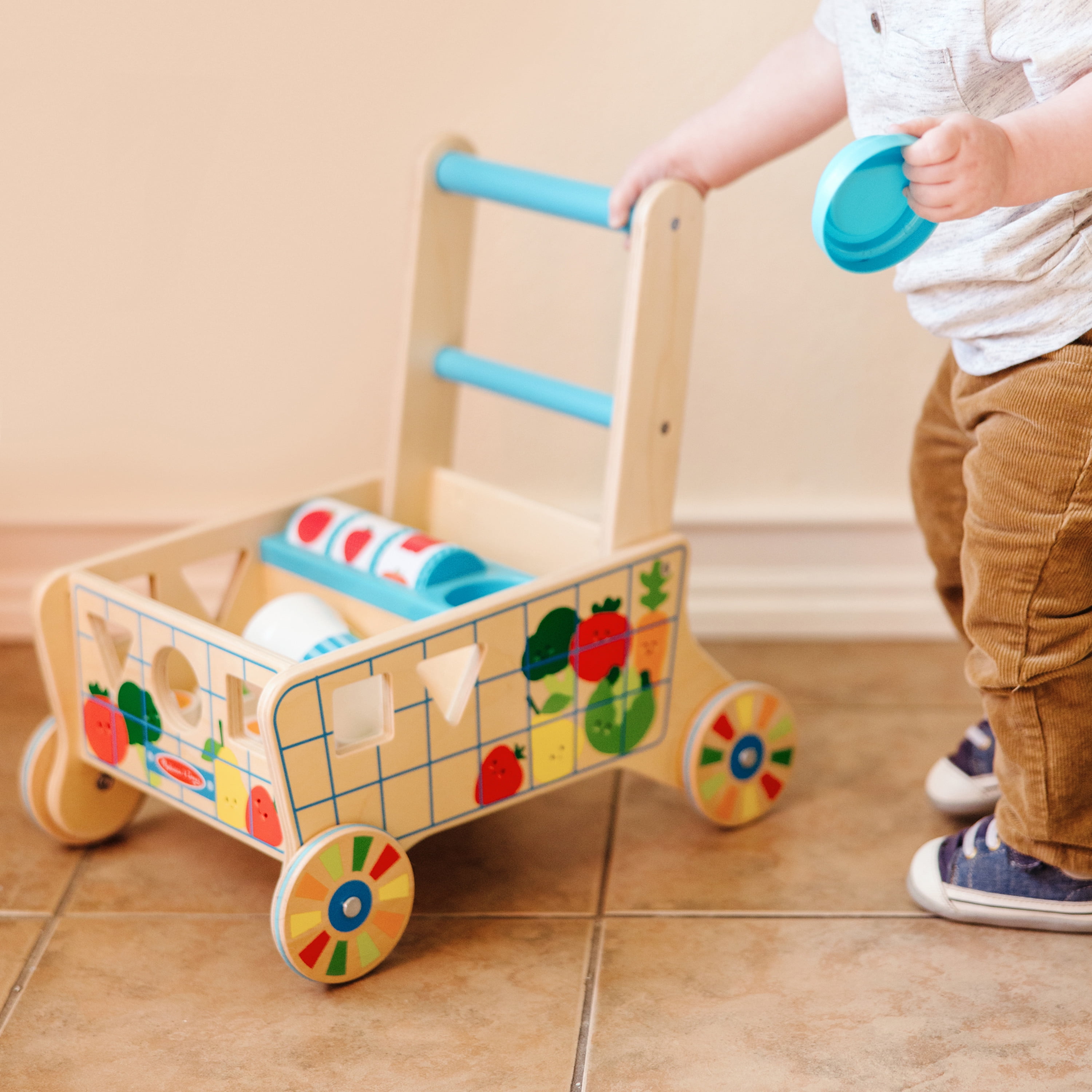 Melissa Doug Wooden Shape Sorting Grocery Cart Push Toy and