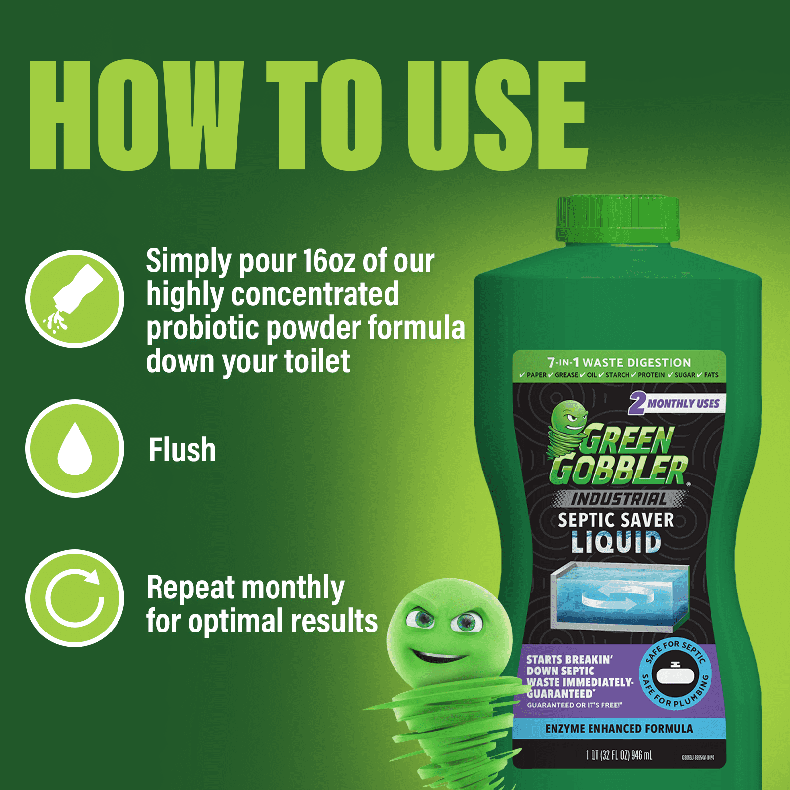 (2 pack) Green Gobbler Industrial Strength Septic Tank Treatment Liquid – 2 Month Supply, 32 fl oz, 1 Pack