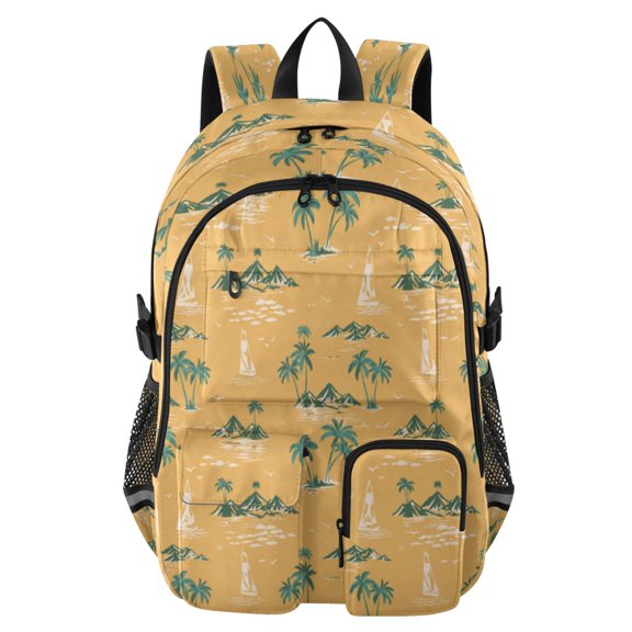 Large Capacity Student Backpack, 14 Inch Laptop Backpack, Wear-Resistant Polyester Travel Backpack with Reflective Strips for Commuting Outdoor Sailboat Sea Ochre