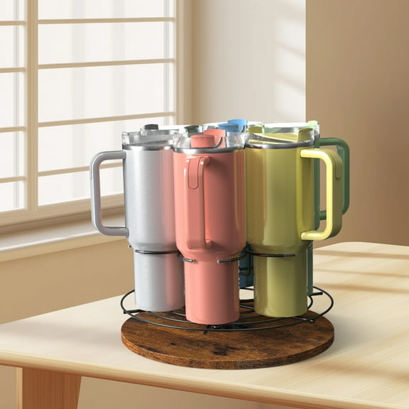 6-Slot Rotating Cup Holder Organizer Faux Wood Base Space-Saving Storage for Mugs, Tumblers & Handled Cups Kitchen Bar Counter