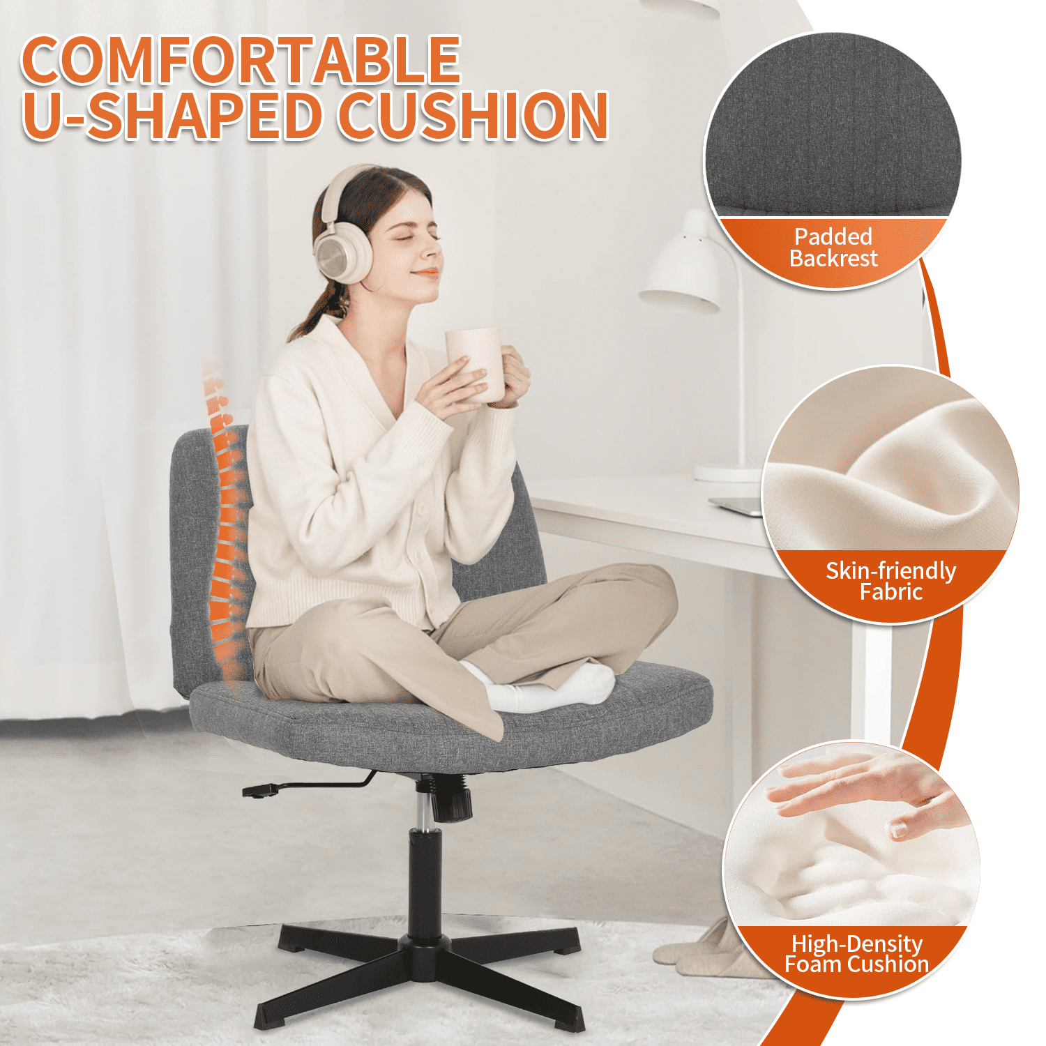 BIQWBIC Crisscross Chair Armless Vanity Chair Adjustable Home Office Desk Chair with No Wheels, Gray