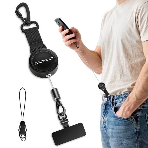 MoKo Anti-theft Phone Lanyard, Universal Adhesive Anchor Retractable Steel Line Cellphone Strap with Locking Carabiner and Metal 360° Tether Tab Compatible for iPhone Samsung Galaxy, Black