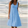 thumbnail image 2 of Robes d'Été pour Femmes Décontractées Robe d'Été Col Rond Plissé Épaule Froide Couleur Unie Sans Manches Maxi Robe Bleu Ciel 4TG, 2 of 5