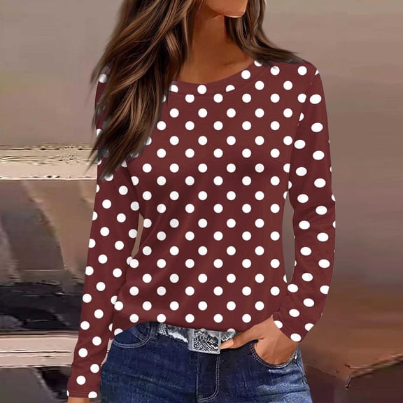 Aobny Polka Dot Tshirts Shirts for Women Baggy T Shirt Red Pullover Crew Neck Long Sleeve Funny Shirts for Women,S