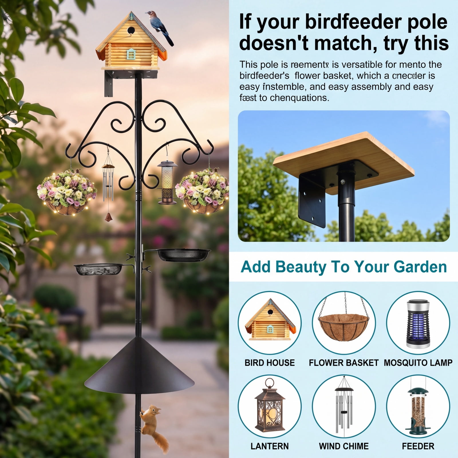 Heavy Duty Bird Feeder Pole,92 Inch Squirrel Proof Adjustable Bird Feeding Station,8 Shepherd Hooks for Feeder Stand, Includes Water Bowl and Mesh Tray,for Outdoor Garden & Yard