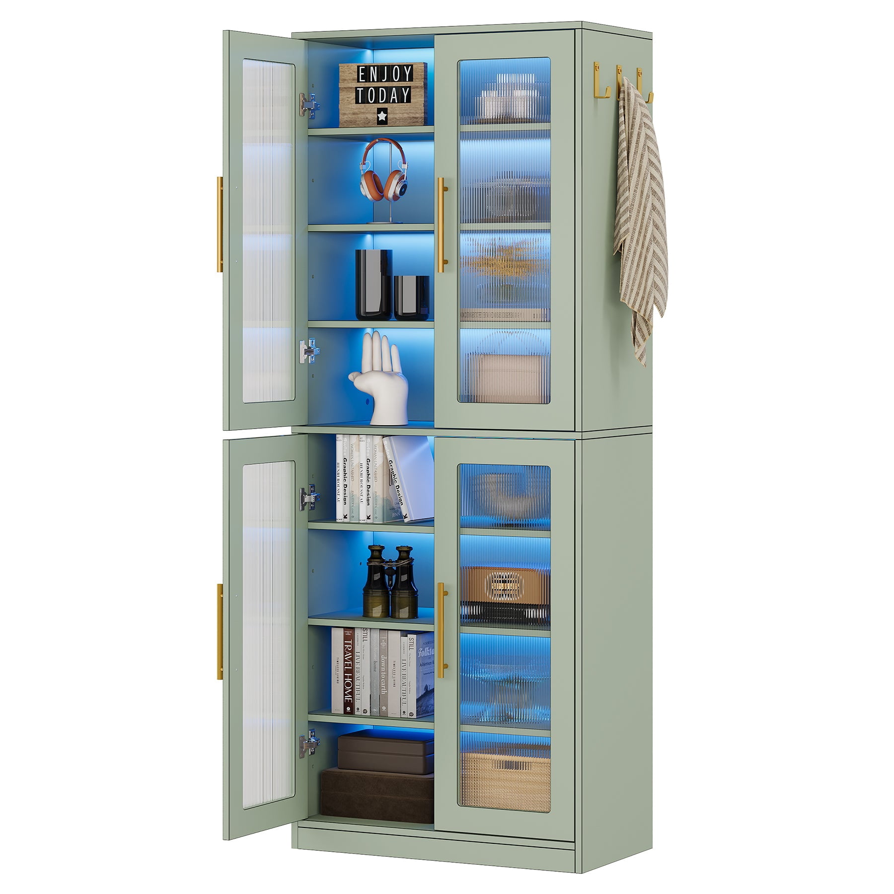 Fnova 66.93" Bookcase with Doors, 8 Tier Storage Cabinet with LED Lights for Living Room, Bedroom, Study, Green