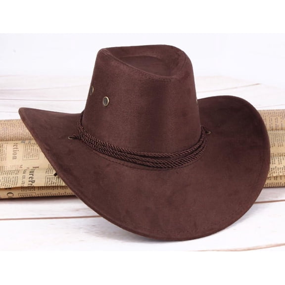 Mens Faux Felt Western Cowboy Hat Fedora Outdoor Wide Brim Hat with Strap