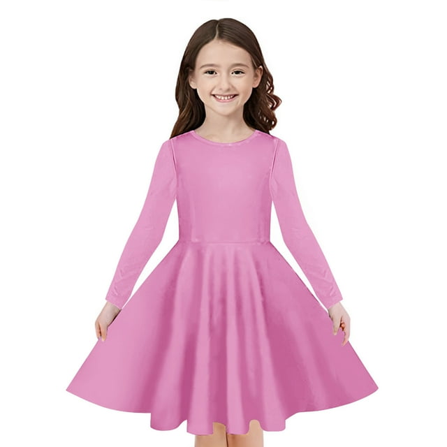 Odeerbi Niñas Manga Larga A-Vestido de Manga Larga Para Niñas Vestido Acampanado de Primavera Vestido Elástico de Colores Sólidos Vestido de Patinadora Twirly Vestido de Recital Escolar
