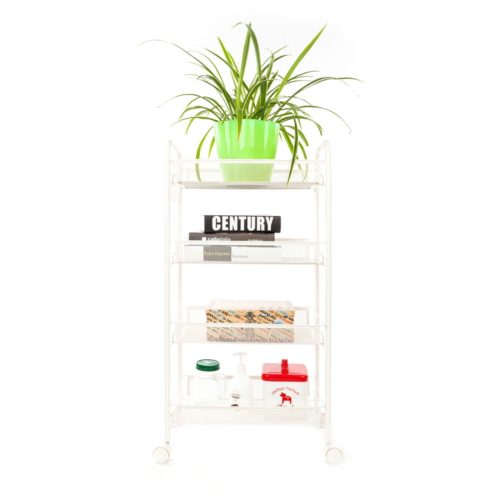 Kepooman 4-Tier Mesh Wire Rolling Cart with Hook Ivory, White Kepooman 4-Tier Mesh Wire Rolling Cart with Hook Ivory, White