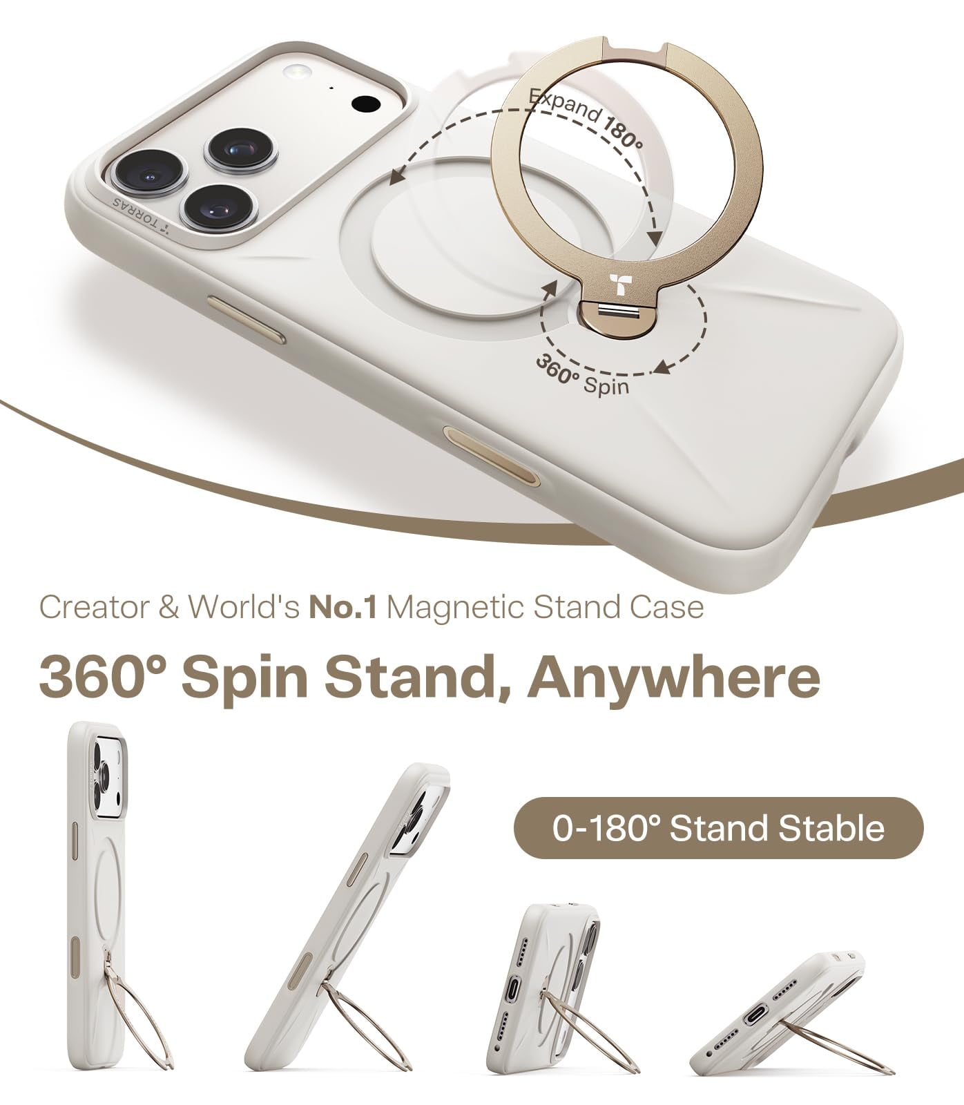 TORRAS OStand Q3 Liquid Silicone Case for iPhone 17 Pro Max with 360° Spin Kickstand, Camera Control, Soft Cozy Grip, Protective Cover, MagSafe Compatible, Dune Beige