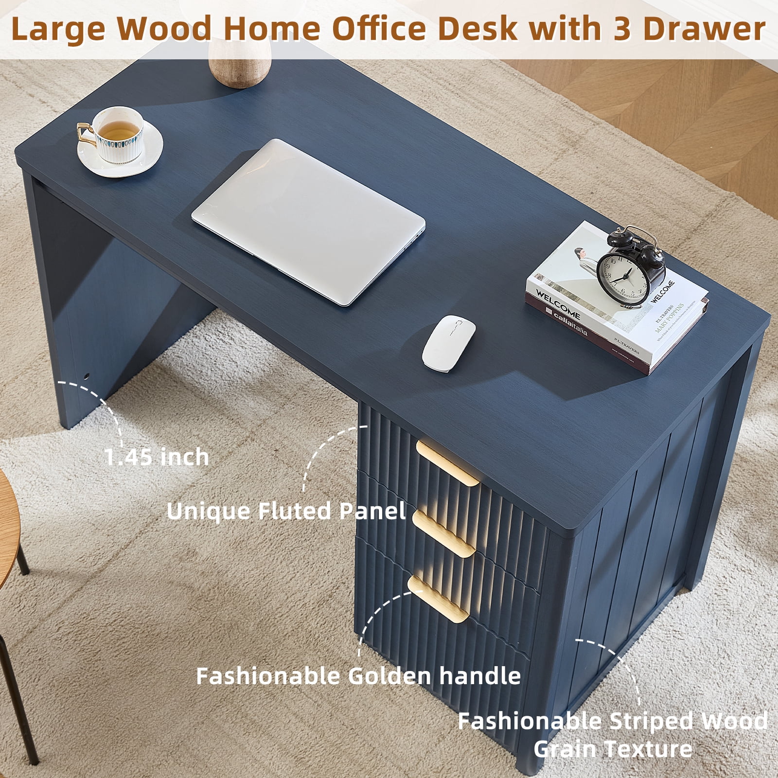 Joaxswe 48" Fluted Executive Desk, Modern Wood Home Office Desk with Storage Cabinet & File Drawer, Writing Study Computer Table for Work Study, Navy