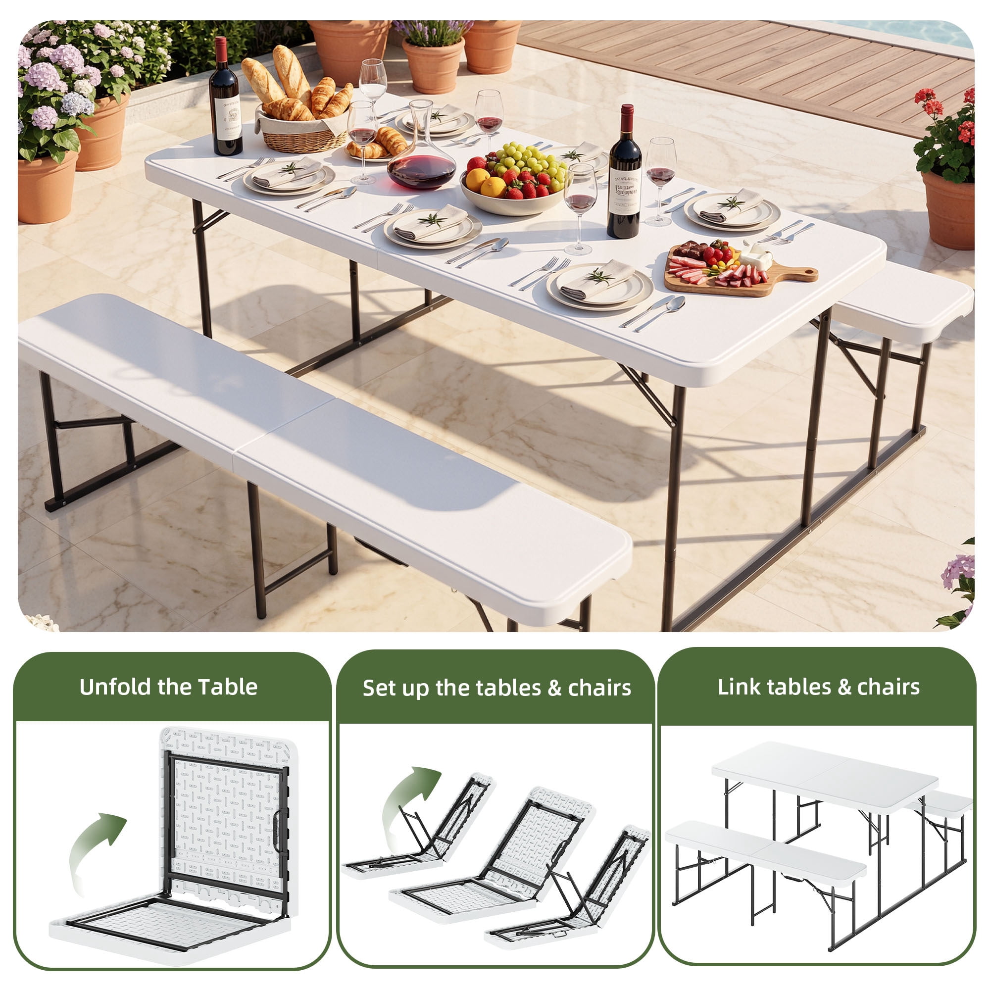 Uforic 4.5' Folding Picnic Table with Benches, HDPE Top & Iron Frame, Portable for Camping Backyard White