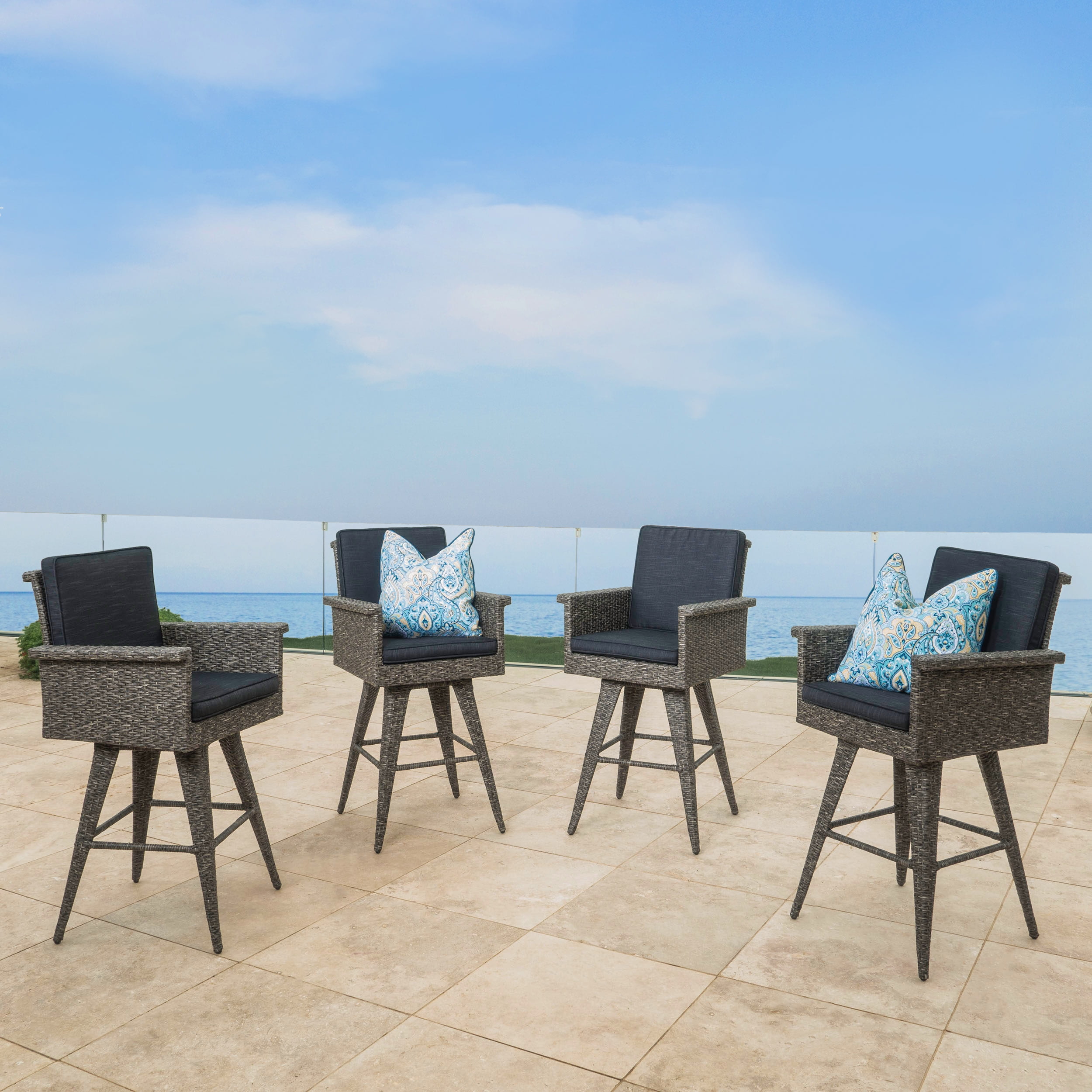 Cascada Outdoor Wicker Barstools with Cushions, Set of 4, Mixed Blac, Dark Grey