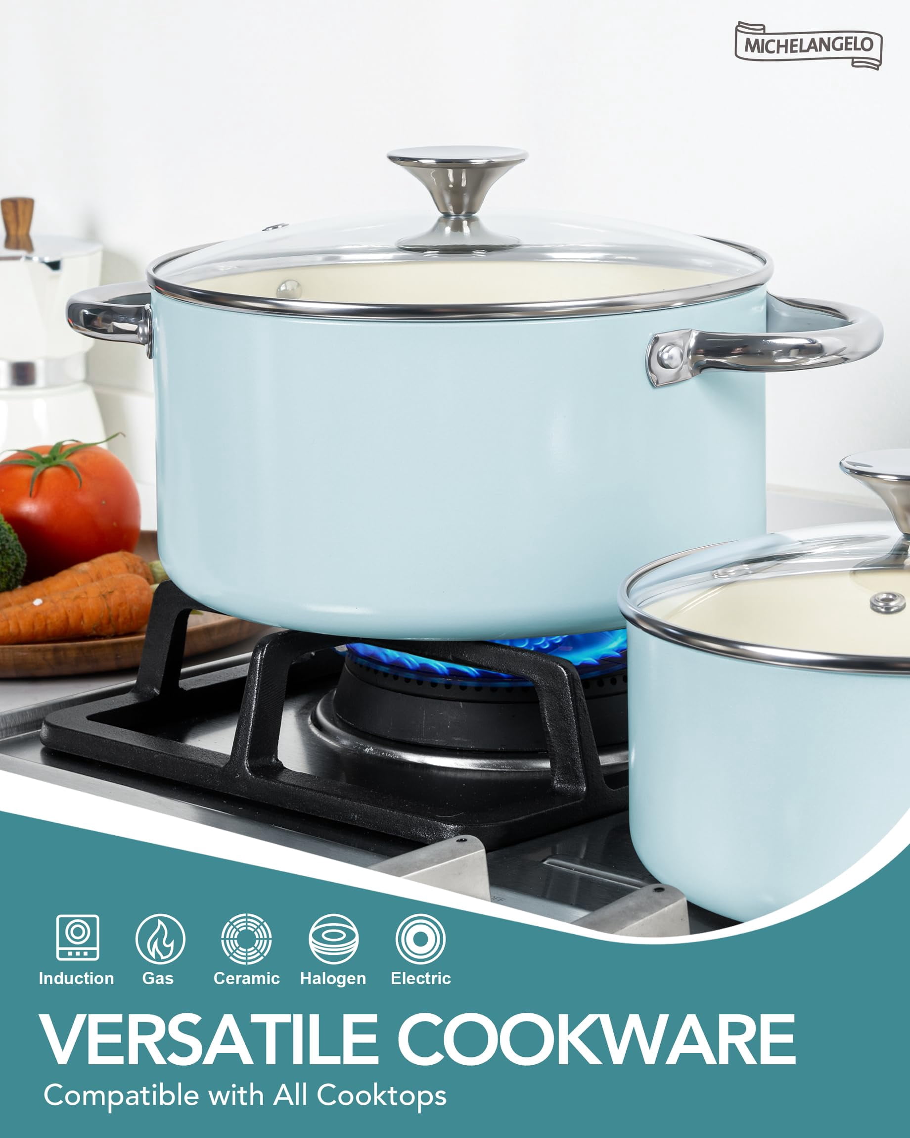 MICHELANGELO Pots and Pans Set Non Stick - Ceramic Cookware Set, 8-Pcs Nonstick Pots and Pans with Ergonomic Handle, Dishwasher Safe & Induction Compatible, Blue