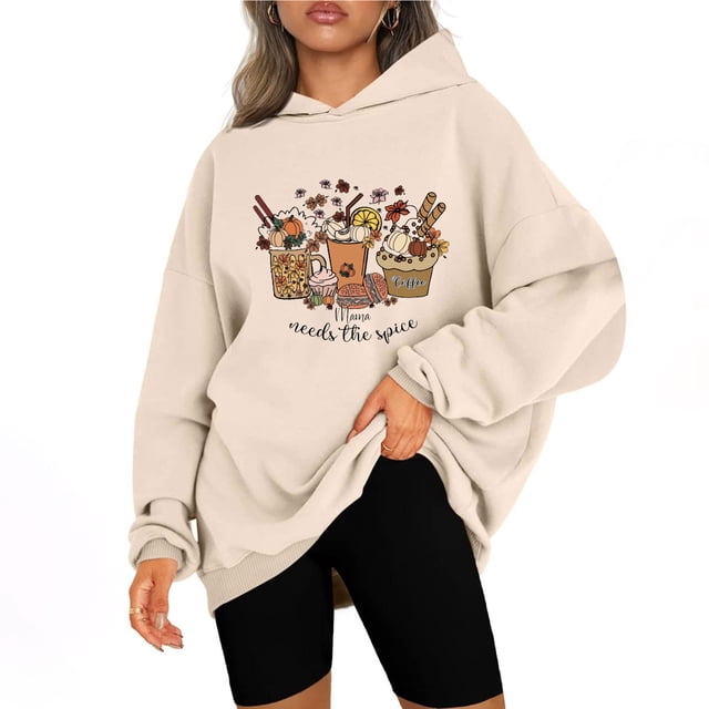 ICHUANYI Liquidación Sudaderas con Capucha Sueltas para Mujer Otoño Moda Sudadera Tops Casual Manga Larga Calabaza Especias Café Blusa con Capucha Jersey Estampado ICHUANYI WER202308230102