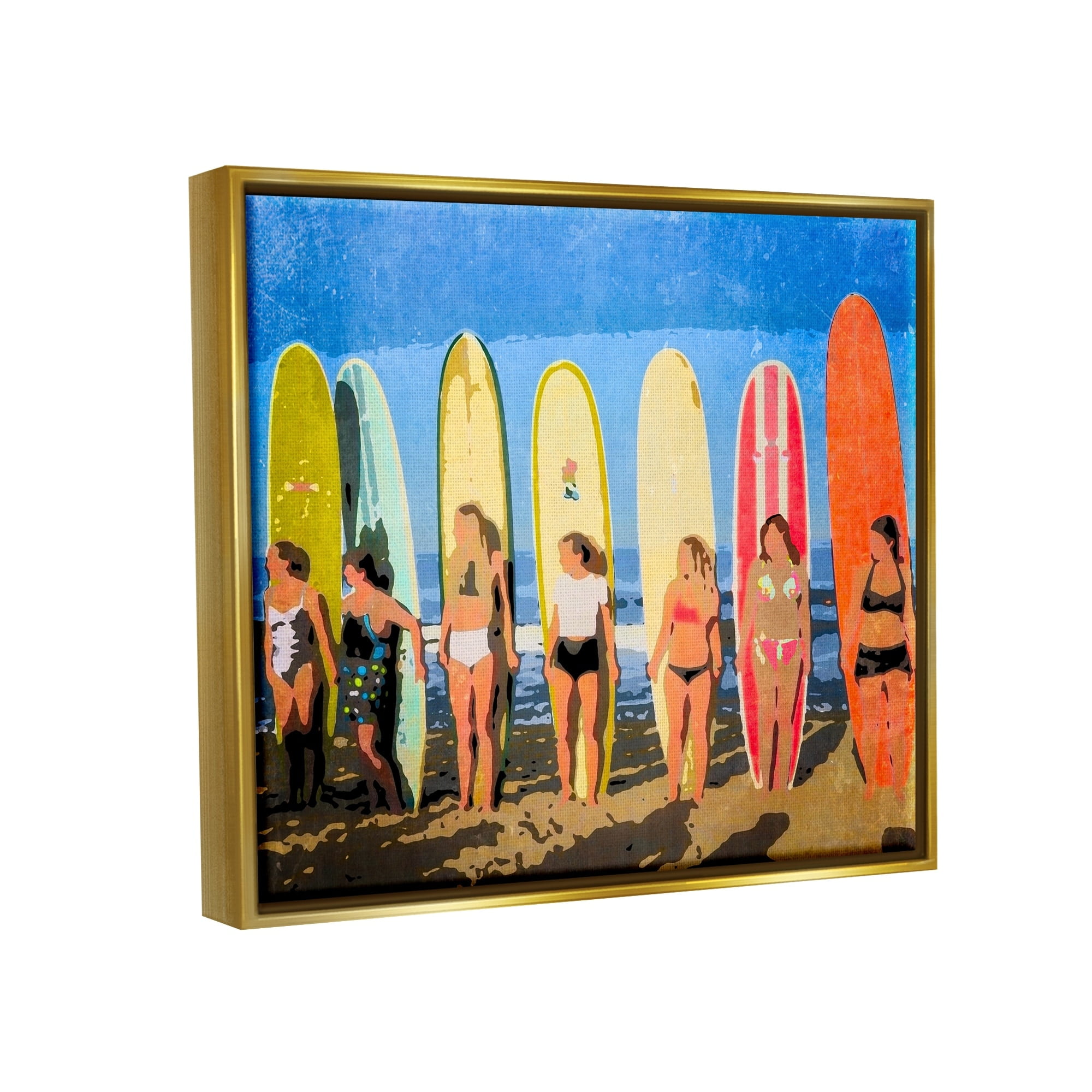 Stupell Industries Modern Pop Style Women Surfing Ocean Sports Graphic Art Metallic Gold Floating Framed Canvas Print Wall Art, Design by Graffitee Studios