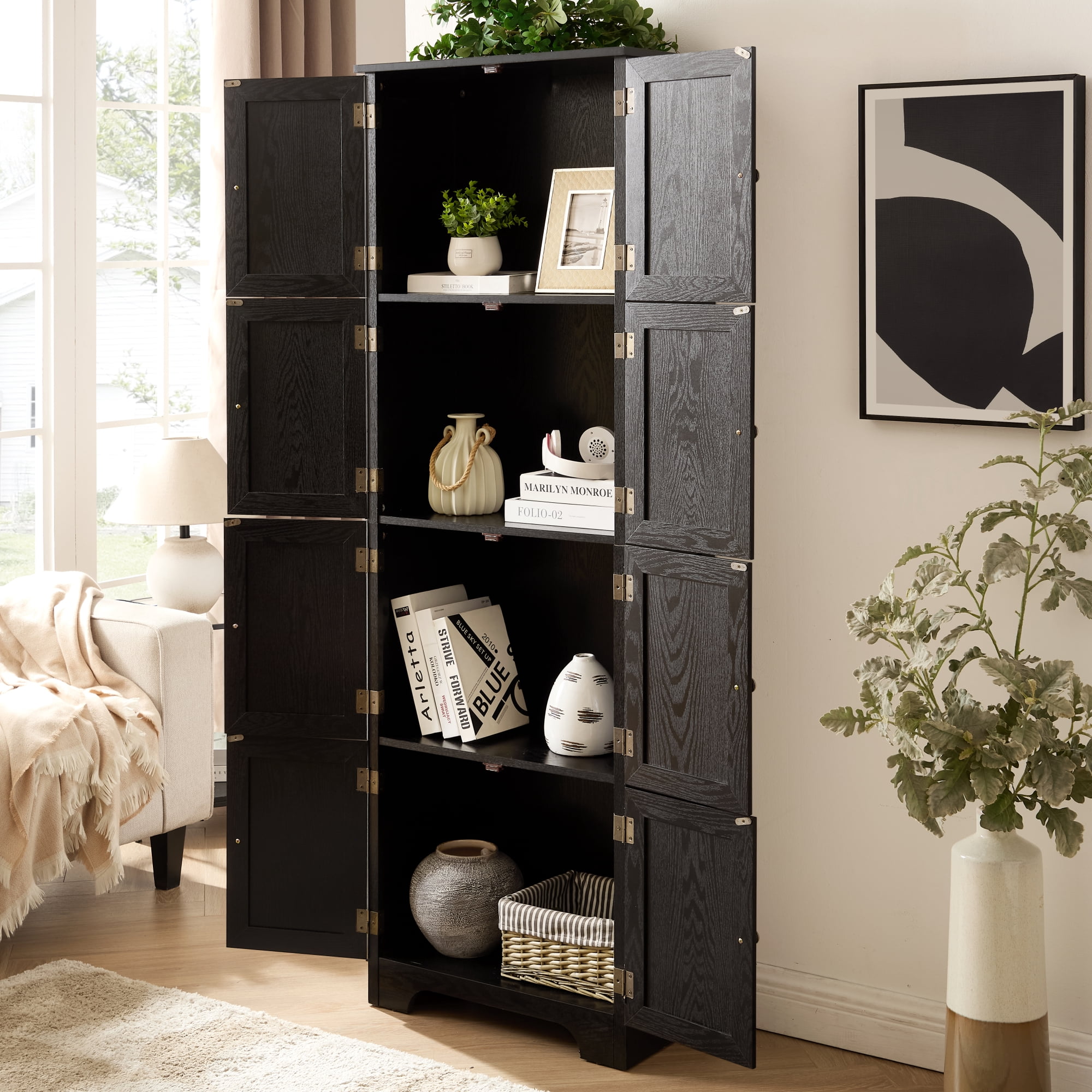 Leumius 72.4" Tall Storage Cabinet Tall Storage Cabinet with 8 Doors and 4 Shelves ,Bookshelf for Living Room, Kitchen, Dining Room, Office Black