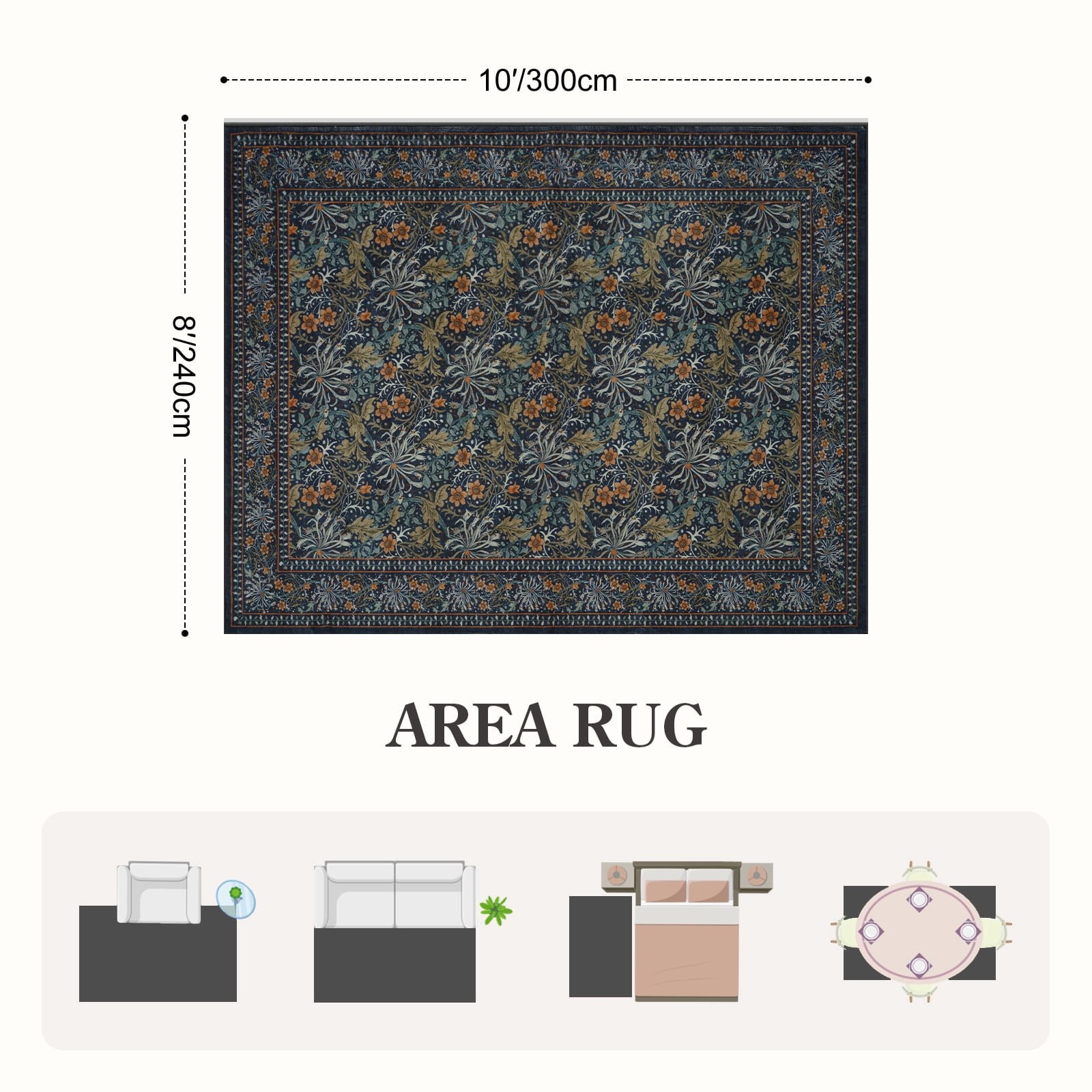 SUNDEREY 8'x10' Vintage Floral Area Rugs for Living Room, Washable Large Boho Area Rugs for Bedroom, Soft Non-Slip Thin William Morris Botanical Rug for Dining Room Home,Dark Green